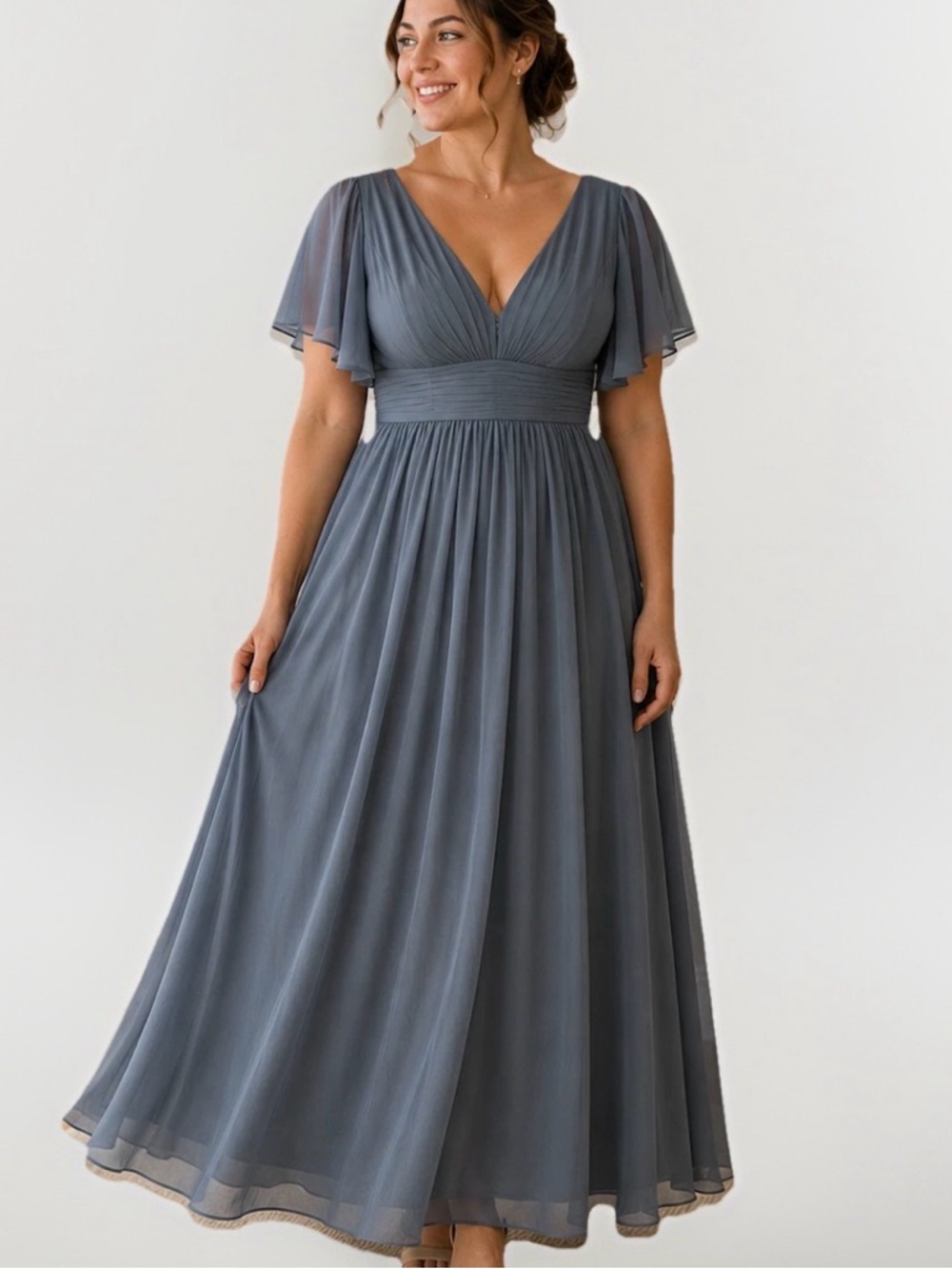 Azazie Dusty Blue Bridesmaid Dress Size US A22 Flutter Sleeve Chiffon Romantic
